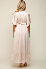 Beige Striped Ruffle Accent Maternity Maxi Dress