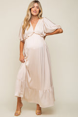 Beige Striped Ruffle Accent Maternity Maxi Dress