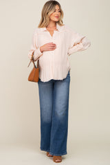 Peach Button-Down Raw Hem Maternity Blouse