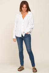 White Button-Down Raw Hem Blouse