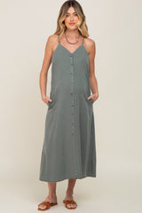 Olive Button Down Maternity Midi Tank Dress