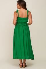 Green Shirred Shoulder Tie Maternity Midi Dress