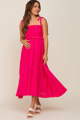 Fuchsia Shirred Shoulder Tie Maternity Midi Dress