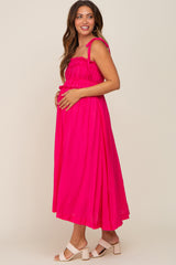 Fuchsia Shirred Shoulder Tie Maternity Midi Dress