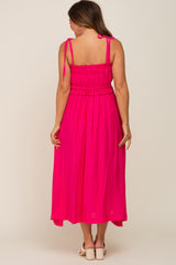 Fuchsia Shirred Shoulder Tie Maternity Midi Dress