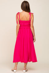 Fuchsia Shirred Shoulder Tie Midi Dress