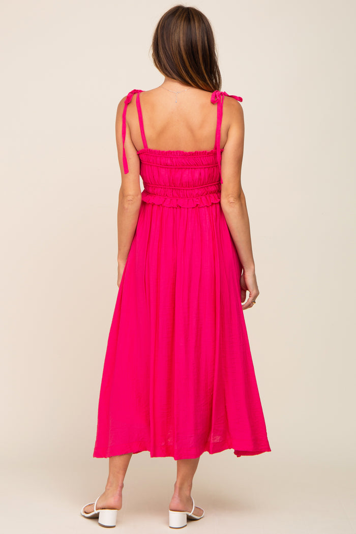 Fuchsia Shirred Shoulder Tie Midi Dress