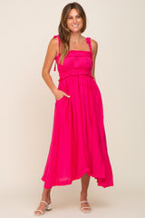 Fuchsia Shirred Shoulder Tie Midi Dress