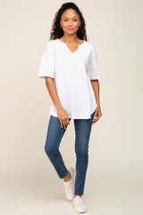 White Oversized V-Neck Cuffed Short Sleeve Tee