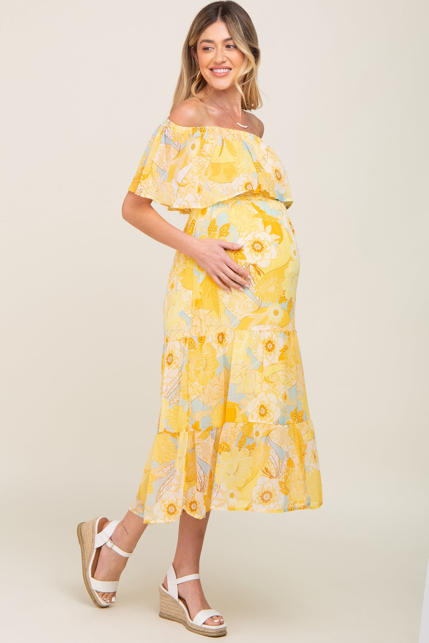 Yellow Floral Flounce Off Shoulder Maternity Midi Dress