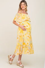 Yellow Floral Flounce Off Shoulder Maternity Midi Dress