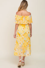 Yellow Floral Flounce Off Shoulder Maternity Midi Dress