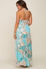 Jade Floral Halter Front Tie Maternity Maxi Dress
