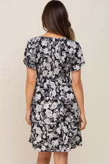 Black Floral Smocked Gathered Tier Maternity Dress