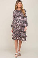 Black Floral Smocked 3/4 Sleeve Tiered Maternity Midi Dress