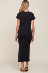 Black Front Tie Side Slit Maternity Midi Dress