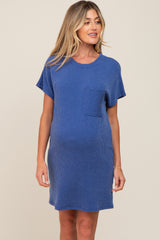 Royal Blue Ribbed Front Pocket Dolman Short Sleeve Maternity Dress