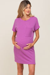 Violet Ribbed Front Pocket Dolman Short Sleeve Maternity Dress