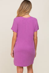 Violet Ribbed Front Pocket Dolman Short Sleeve Maternity Dress