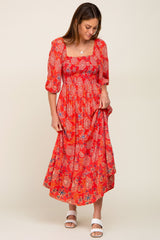 Red Floral Smocked Square Neck Tiered Maternity Midi Dress