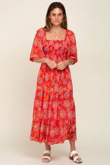 Red Floral Smocked Square Neck Tiered Midi Dress