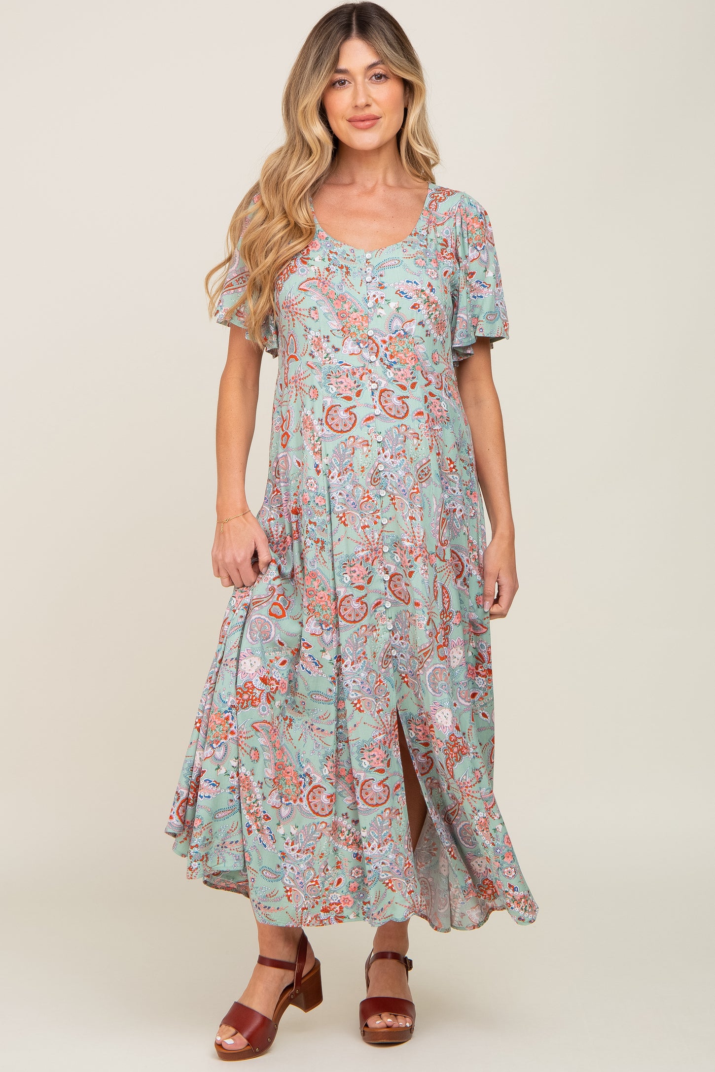 Mint Green Floral Button Front Short Flutter Sleeve Maternity Maxi Dress