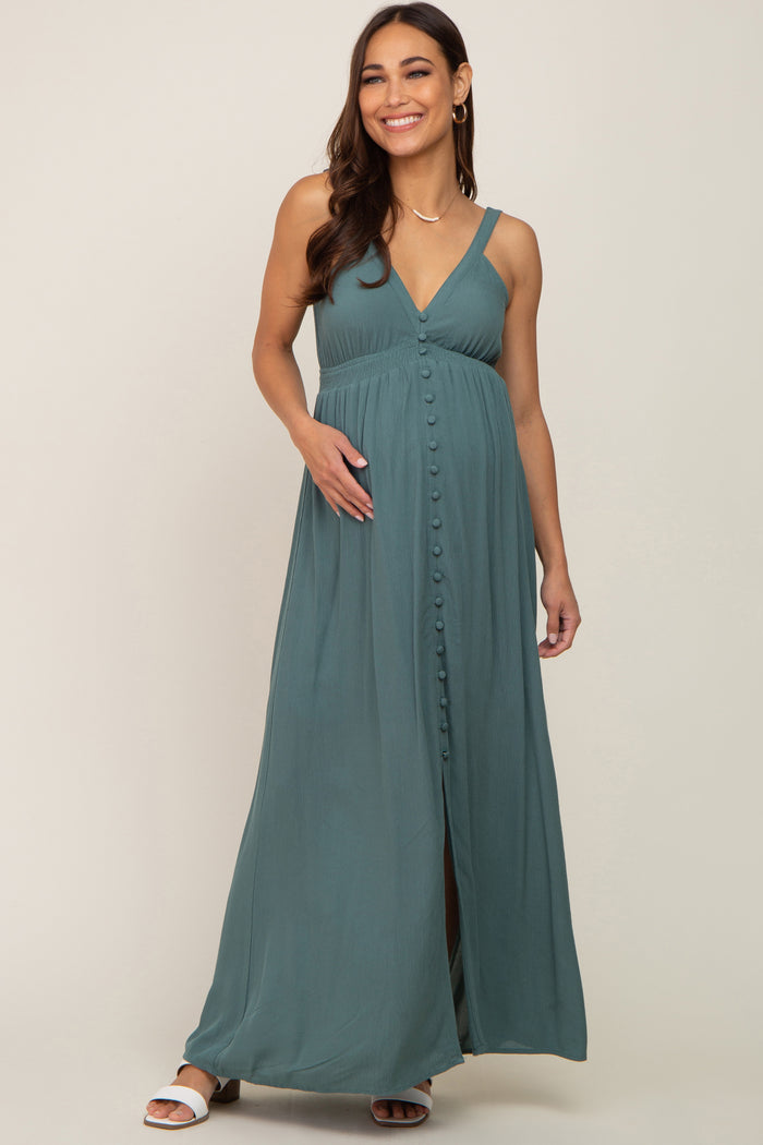 Teal Button Front Accent Maternity Maxi Dress