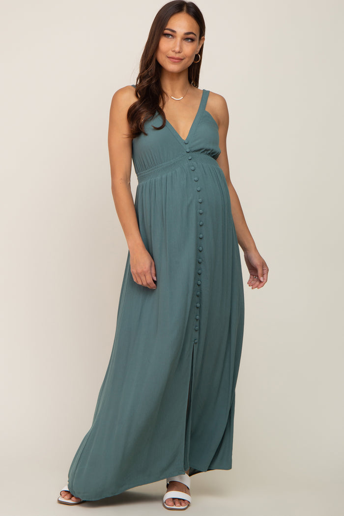 Teal Button Front Accent Maternity Maxi Dress