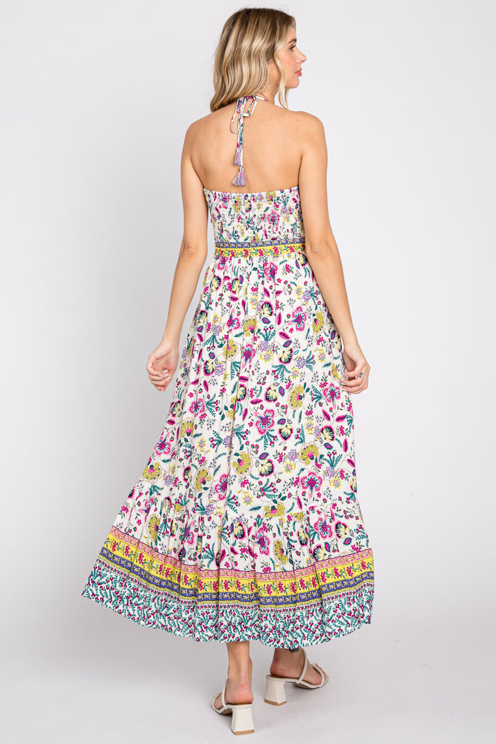 Multicolor Floral Halter Waist Tie Midi Dress