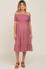 Mauve Off Shoulder Smocked Maternity Midi Dress