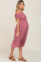 Mauve Off Shoulder Smocked Maternity Midi Dress