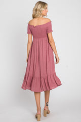 Mauve Off Shoulder Smocked Midi Dress