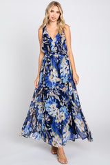 Navy Floral Pleated Waist Maternity Maxi Dress