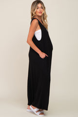 Black Deep V Sleeveless Wide Leg Maternity Jumpsuit