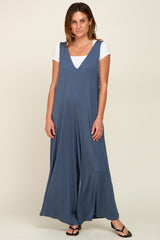 Blue Deep V Sleeveless Wide Leg Maternity Jumpsuit