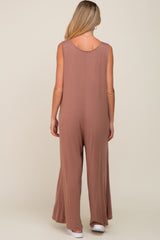 Mocha Deep V Sleeveless Wide Leg Maternity Jumpsuit