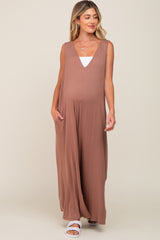 Mocha Deep V Sleeveless Wide Leg Maternity Jumpsuit