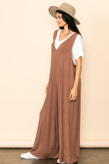 Mocha Deep V Sleeveless Wide Leg Jumpsuit