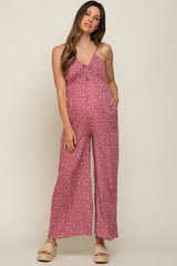 Mauve Floral V-Neck Front Tie Sleeveless Maternity Jumpsuit