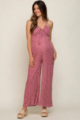 Mauve Floral V-Neck Front Tie Sleeveless Maternity Jumpsuit