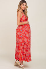 Red Floral Front Twist Maternity Maxi Dress