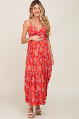 Red Floral Front Twist Maternity Maxi Dress