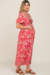 Magenta Floral Front Twist Maternity Maxi Dress