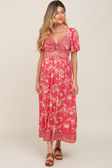 Magenta Floral Front Twist Maternity Maxi Dress