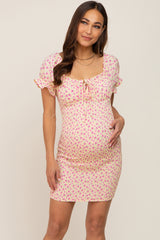 Yellow Floral Smocked Tied Front Ruffle Short Sleeve Maternity Dress