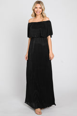 Black Pleated Ruffle Off Shoulder Maternity Maxi Dress