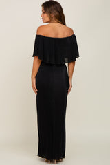 Black Pleated Ruffle Off Shoulder Maternity Maxi Dress