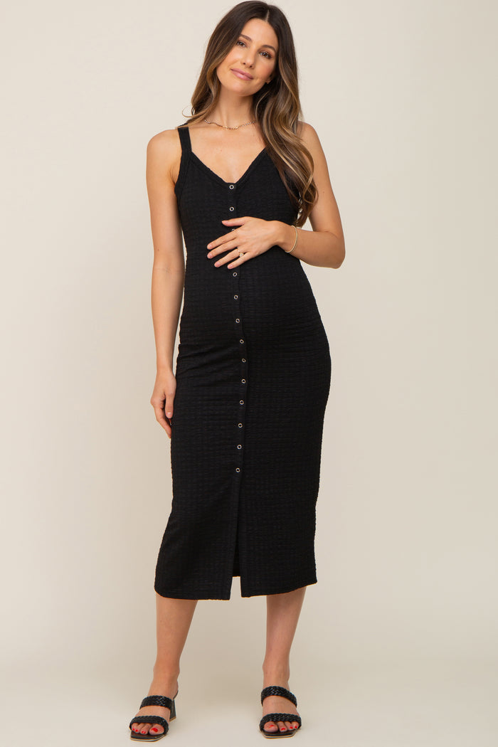 Black Waffle Knit Snap Front Button Maternity Midi Dress