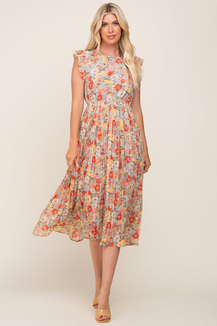 Mint Green Floral Chiffon Pleated Midi Dress