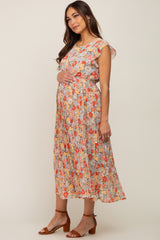 Mint Green Floral Chiffon Pleated Maternity Midi Dress